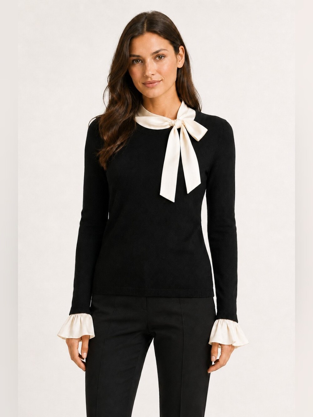 Alice + Olivia Cornelia Bow Collar Wool Sweater Black Ivory Size L